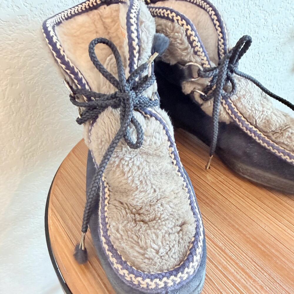 Yodelers Shearling Boots 7B Blue Suede Lace Up Made in USA Vintage Cozy - Picture 13 of 16